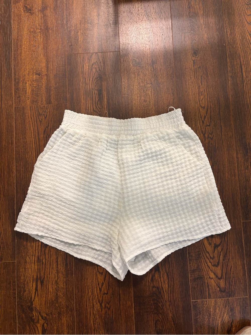 She and Sky White Textured High-Rise Elastic Waist Shorts
